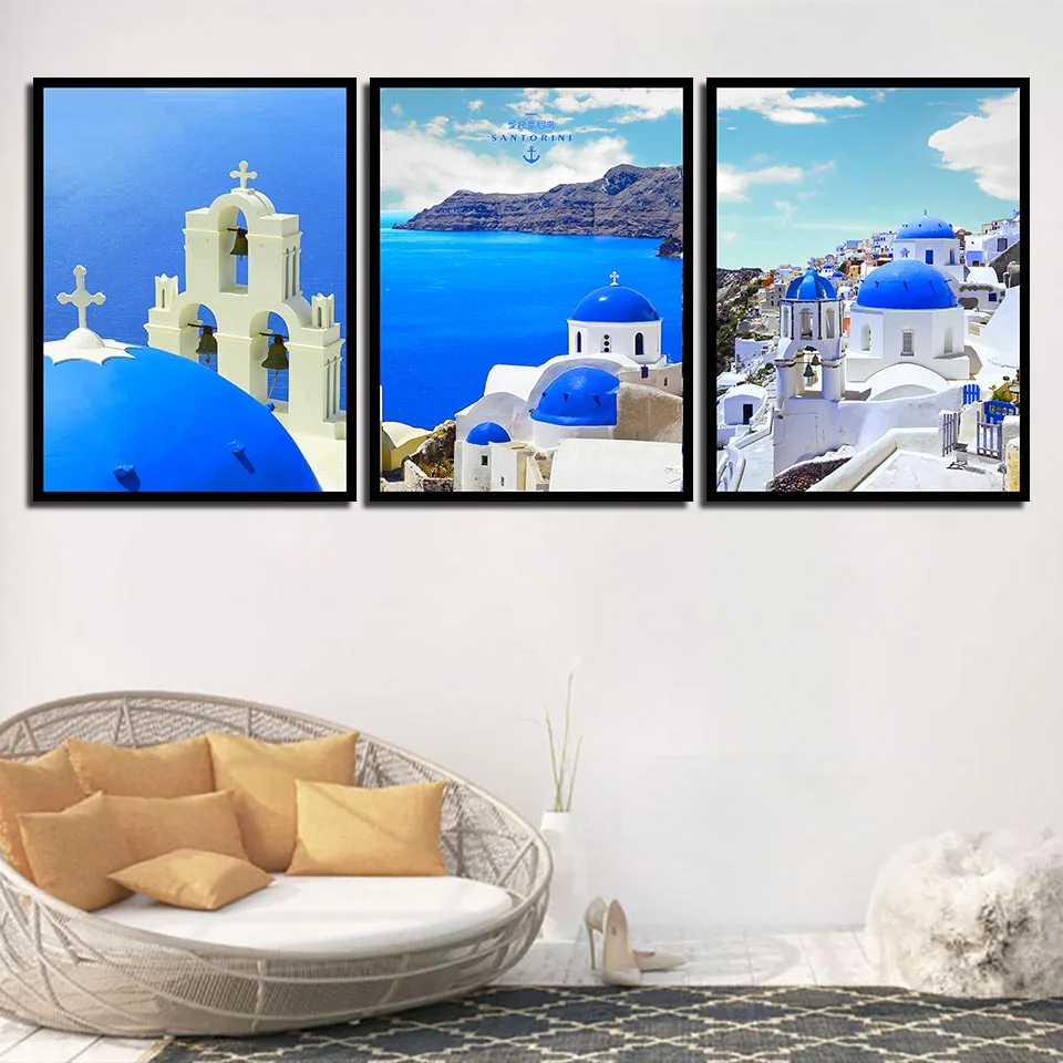 Nordic Стиль море фотографии Wall Art Санторини синий топ картина с церковью