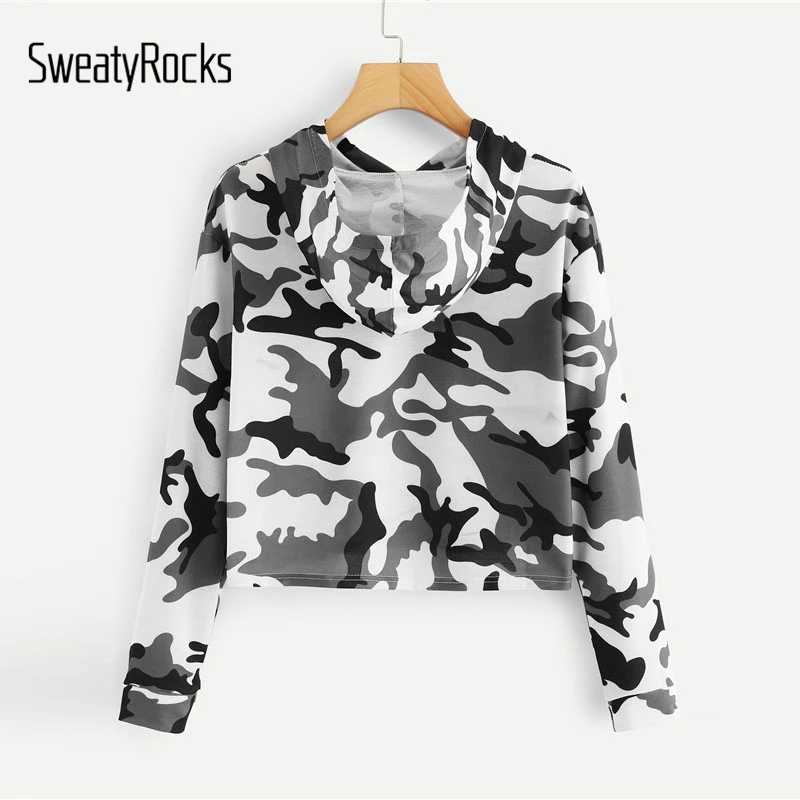 Толстовка с капюшоном с камуфляжным принтом и буквенным принтом SweatyRocks, Женская толстовка с длинным рукавом и карманом спереди, уличная одежда, Осенние повседневные топы