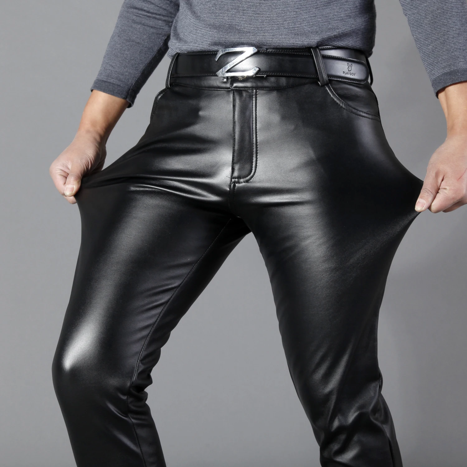 Thoshine Brand Summer Men Leather Pants Skinny Fit Elastic Style Fashion PU Leather Trousers Motorcycle Pants Thin Streetwear