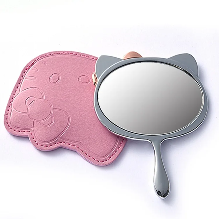 Металлическое зеркало hello kitty с кожаной сумкой, портативное косметическое зеркало, ручное мини-Зеркало 8*11 см