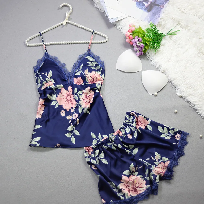 Шелковый пижамный комплект лето 2019 женские короткие атласные пижамы пикантное