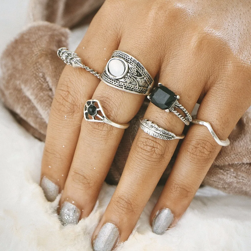 6piece/set Retro Stone Rings Feather Charms Punk Midi Women Jewelry Joint Ring Wrap Knuckle Set Olives Party Fashion | Украшения и