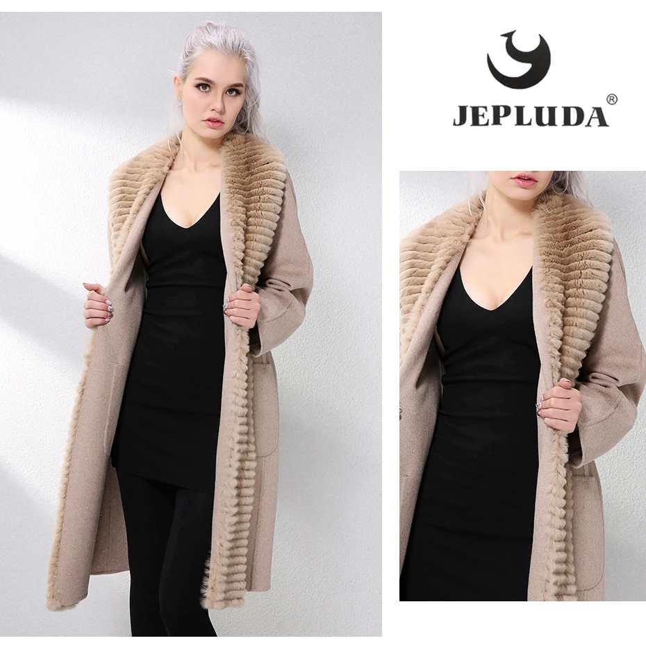 JEPLUDA New Cashmere Coat Women Genuine Rex Rabbit Fur Lapel Collar Wool Coat long Real Fur Coat Genuine Leather Jacket Women