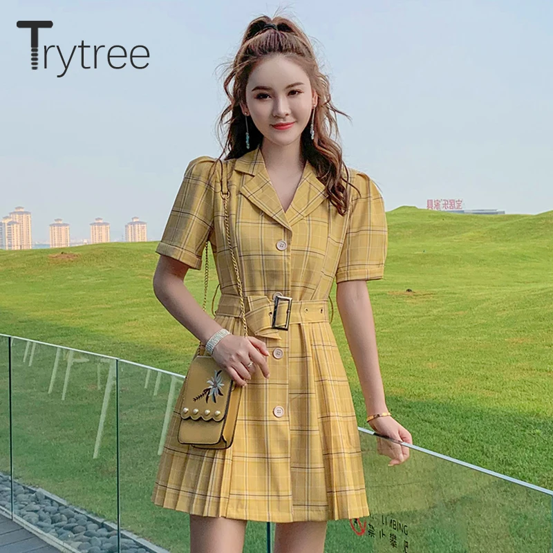 Trytree/летнее осеннее повседневное женское платье в клетку С Вырезанным воротником