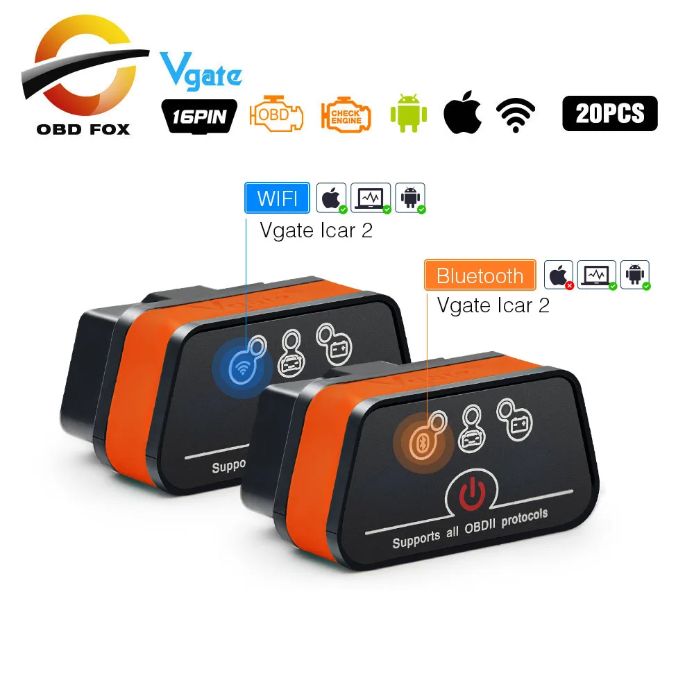 Vgate icar2 bluetooth elm327 obd2 сканер кодов elm 327 v2.1 icar 2 wifi для Android ios obd диагностический инструмент 20 шт./лот