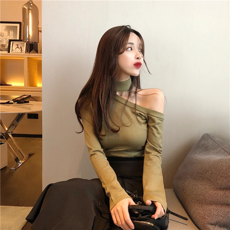 Little Sexy Off One Shoulder Tight Knit Women Slim Versatile Bare Bottom Sweater Женская одежда