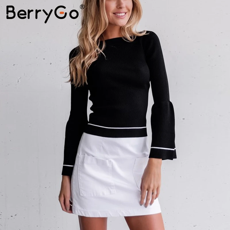 BerryGo Elegant knitted pullover sweater Women warm gray long sleeve jumper Autumn winter 2017 black knitting o neck pull femme | Женская