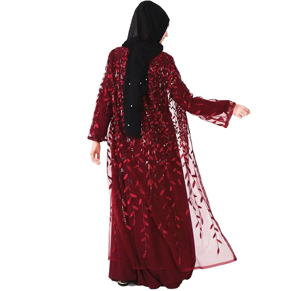 Женский кружевной открытый кардиган с вышивкой мусульманское Макси abaya блестки пайетки ислам Дубаи халат Рамадан модные платья Вечерние Коктейльные