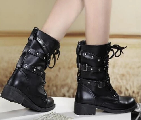 Autumn and winter women shoes large size fashion flat rivets buckle for motorcycle driving Knight Martin boots 4-11 MX78 | Обувь