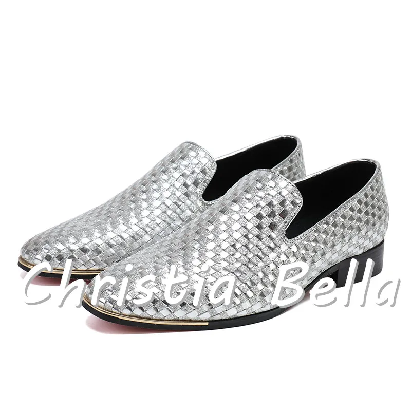 Christia Bella 2018 Fashion Silver Plaid Men Loafers Genuine Leather Party Dress Shoes Slip on Smoking Slippers Flats | Обувь