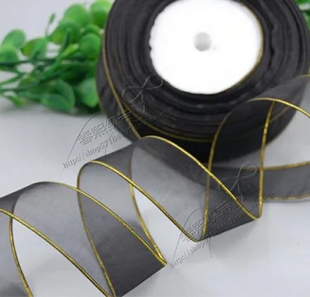 Black 1 рулон 10Yd(25 мм) Белая лента из органзы с золотым краем для свадебной вечеринки, высококачественная прозрачная лента для рукоделия - Цвет: Black