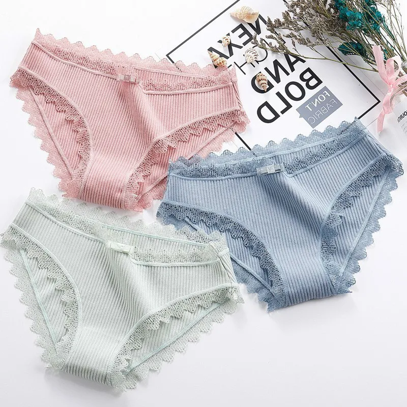 

Roseheart New Women Fashion Cotton Lace Bow Low Waist Women Panties Underwear Lingerie Women Briefs 3 Piece 3 Color M L XL