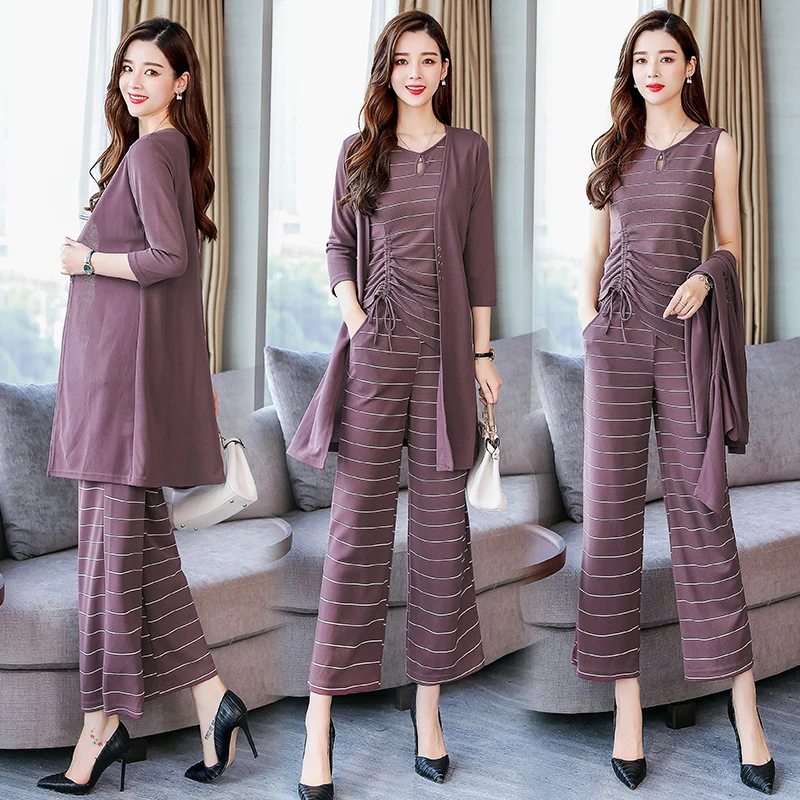 

wide-legged pants vest long coat women three-piece suit new design spring clothing fashionable striped suit OL lady outfit set