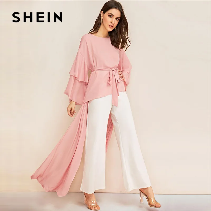 SHEIN блузка с длинными рукавами и разрезом в виде ласточкиного хвоста с поясом, женская розовая скромная Асимметричная блузка с асимметричным подолом, однотонные женские топы