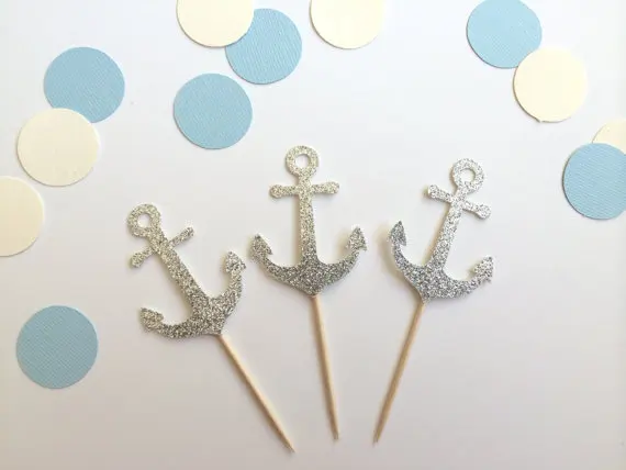 

Серебряный блеск якорь кекс Toppers морской спорт Свадьба девичник вечерние фрукты выбирает Свадебный ребенок душ украшения