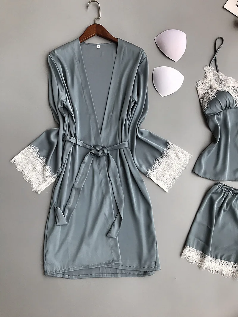 Lisacmvpnel 3 Pcs Ice Silk Robe Set Lace Sexy Bathrobe Spaghetti Strap With Chest Pad Nightdress+Robe+Shorts Pyjama For Women