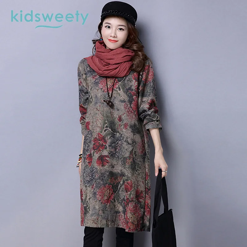 Kidsweety женские платья из хлопка и льна с длинными рукавами круглым вырезом в