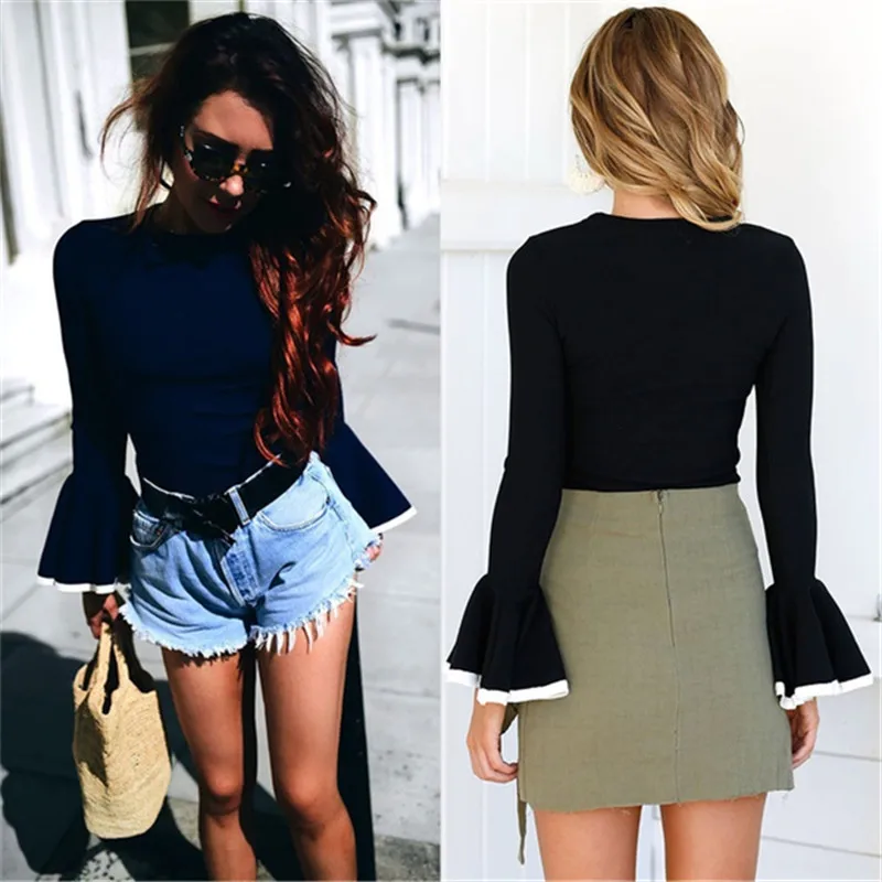 Модные женские топы осенняя Женская одежда длинные расклешенные рукава о