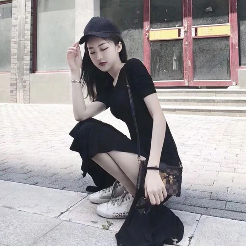 Женское облегающее платье 2019 летние макси платья с коротким рукавом Черное