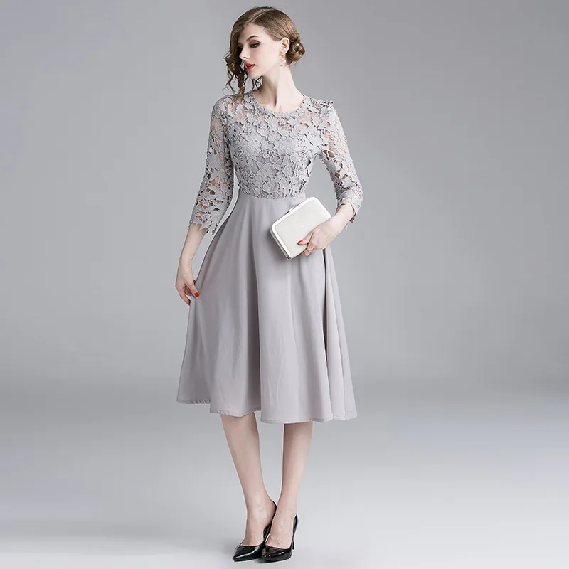 S-XXL, дизайнерское женское платье, ажурное, цветочный узор, вышивка, кружевной верх, серое платье, модное, винтажное, вечерние, для мероприятий, длинное платье