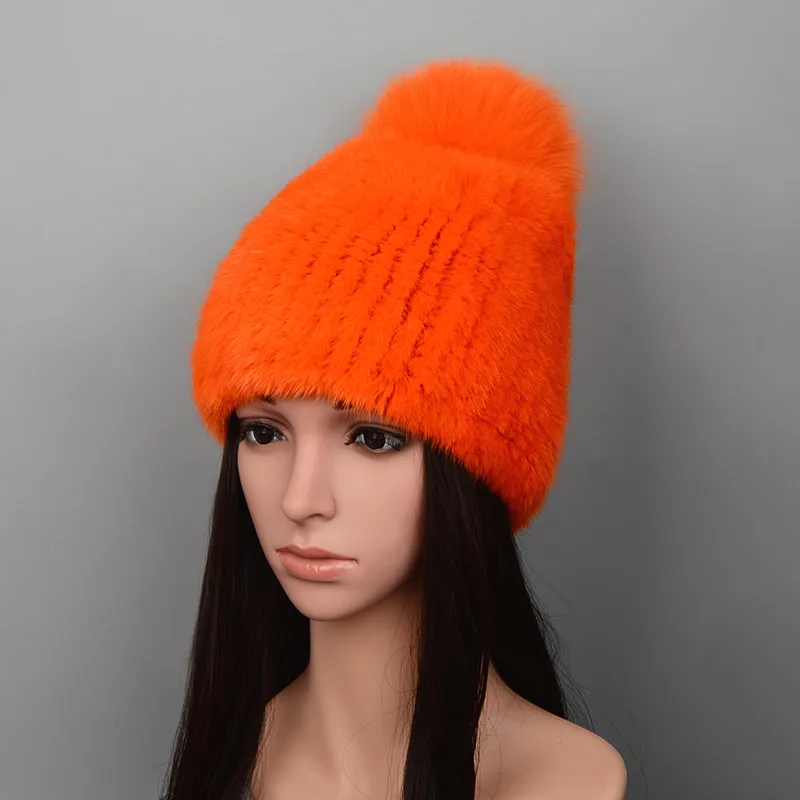 06 orange Норковая меховая шапка вязаная, головные уборы с помпоном из меха лисы зимние женские шапки натуральный мех шапки для женщин - Цвет: 06 orange