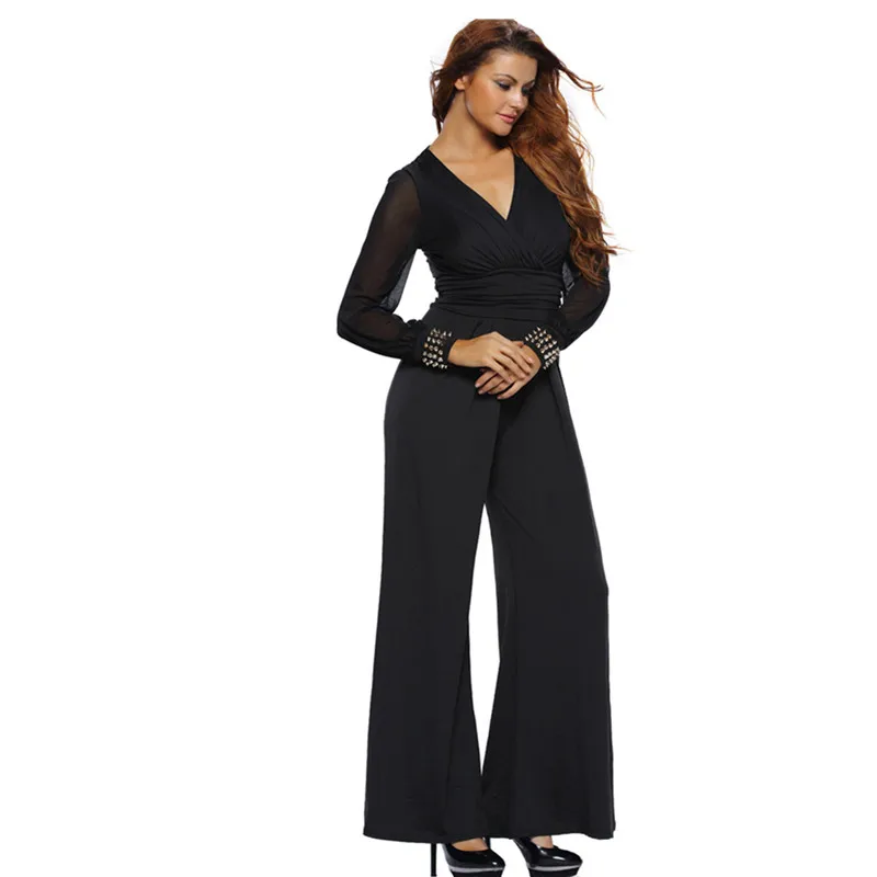 Женская мода Комбинезон с Длинными рукавами V воротник кружева шить Сиамские