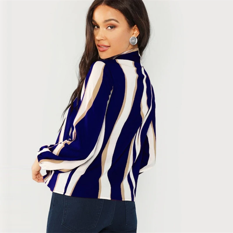 SHEIN Полосатая Блузка С Бантом Элегантная Офисная Блузка В Полоску С Длинным Рукавом