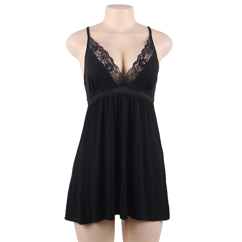 black Sleepwear Халат De Nuit Femme модальный хлопковое Ночное платье сексуальное неглиже без рукавов Холтер v-образный вырез цветочное кружево плюс размер пижамы R80732 - Цвет: black Sleepwear
