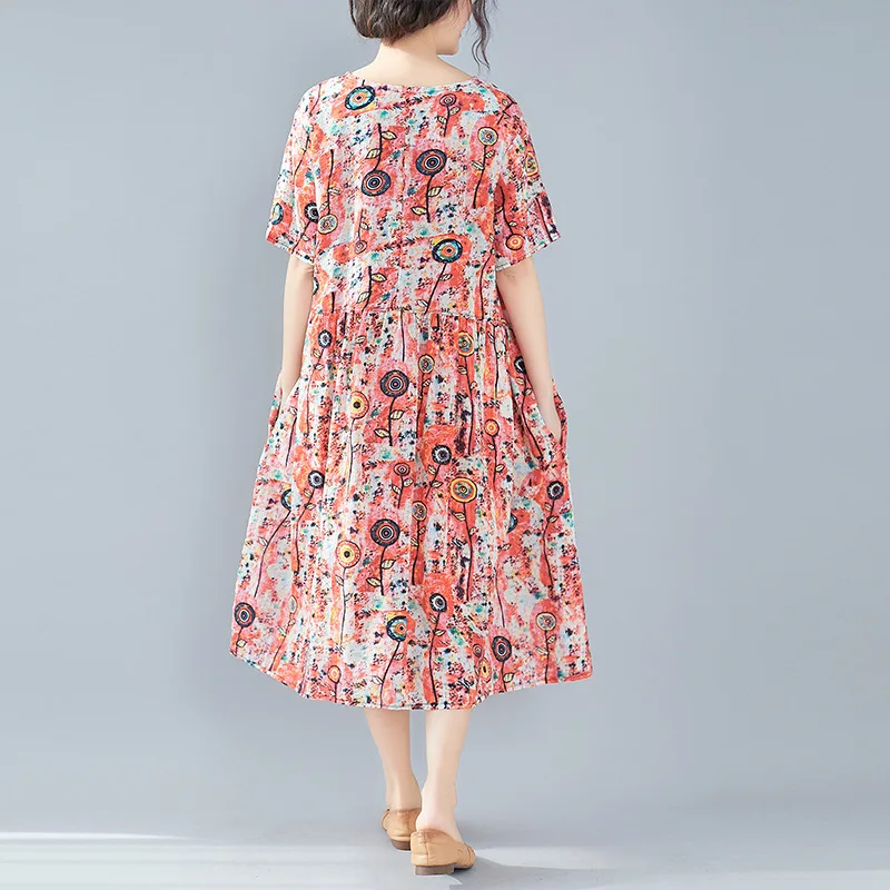 Новинка 2019 женские платья хлопок лен круглый вырез короткий рукав принт