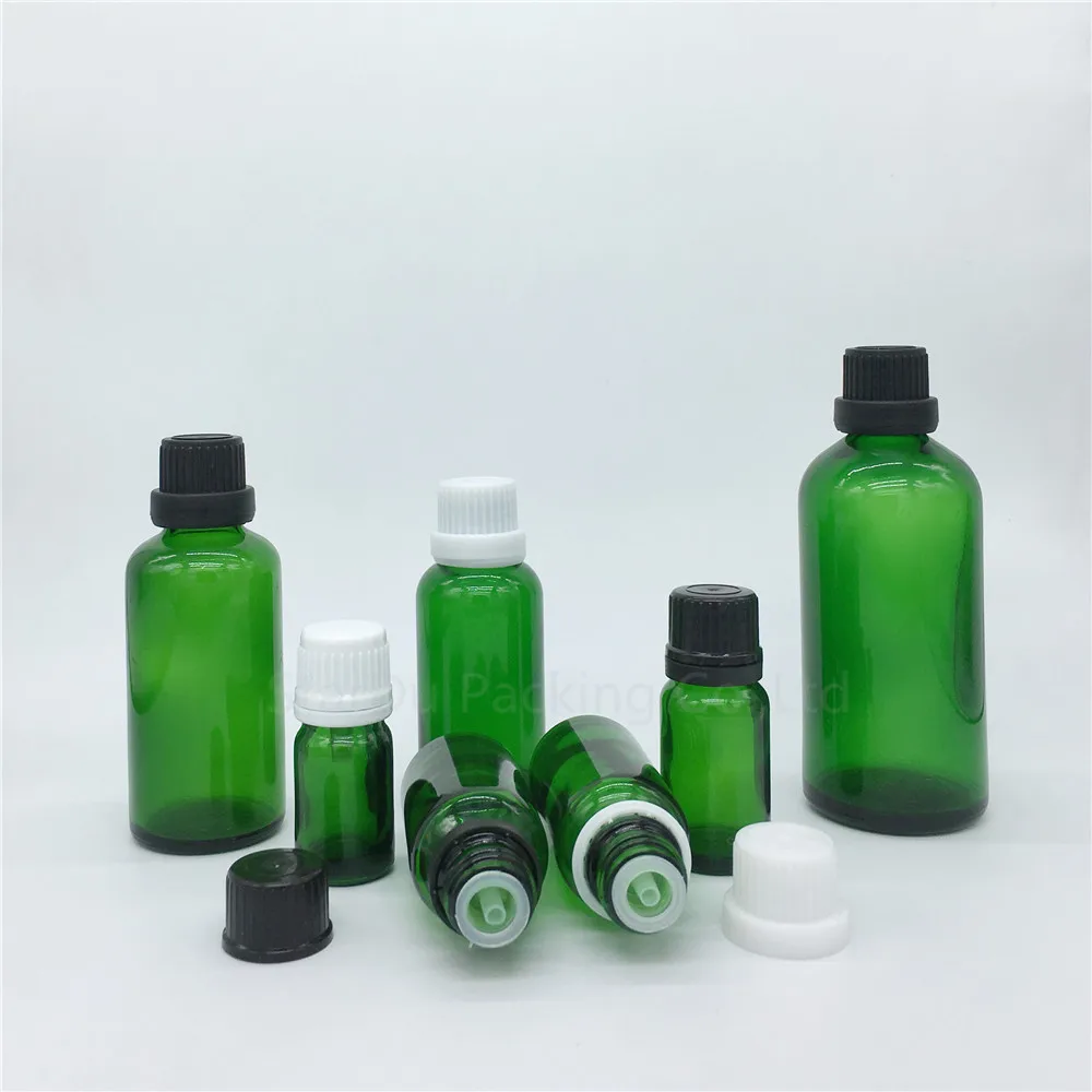 

500PCS 5ml 10ml 15ml 20ml 30ML 50ml 100ml Green Glass Bottle, Vials Essential Oil Bottle with tamper evident cap Perfume bottles