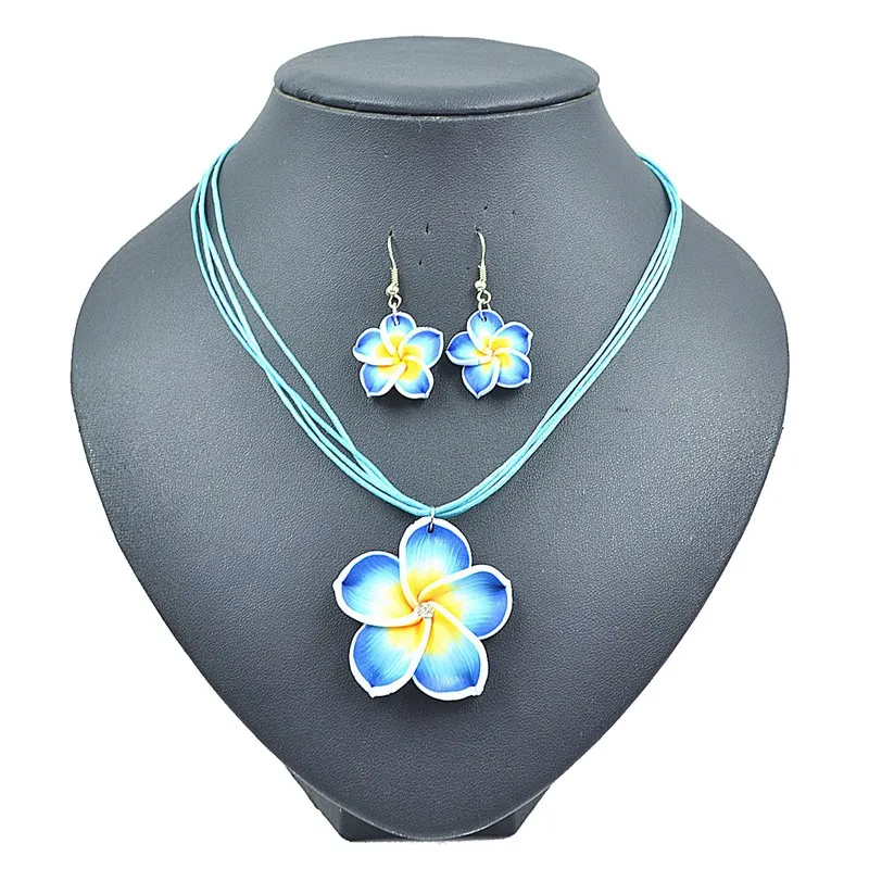 TopHanqi 1set 6color Summer Beach Hawaiian Clay Fimo Frangipani Flower Necklace Earrings Jewelry Sets For Children Girls