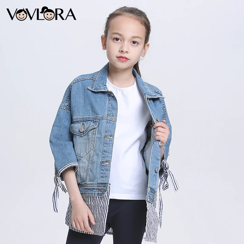 Denim Patchwork Striped Girls Jackets Coats Solid Cotton Long Sleeve Kids Coat Fashion 2018 Clothes Size 9 10 11 12 13 14 Years | Детская