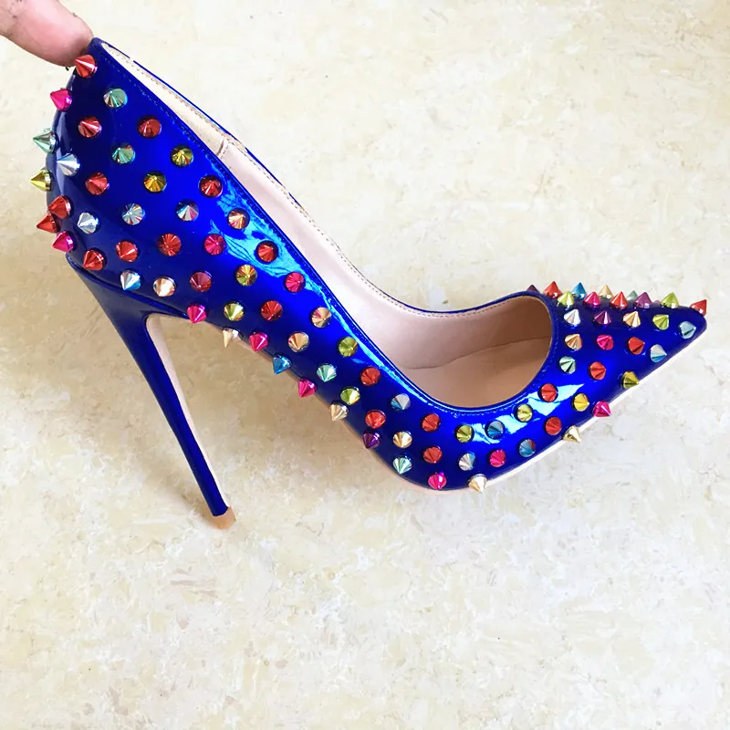 

Blue Rivets Studded Pumps High Heels Patent Leather Shallow Pointed Toe Woman Pumps Fashion Runway Thin Heels Shoes on Heels