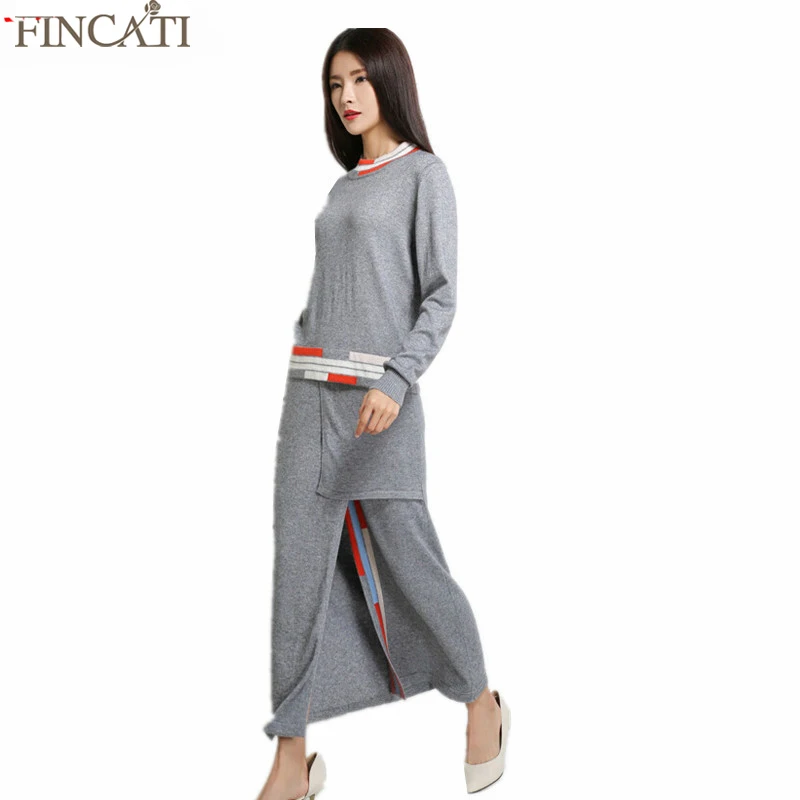 

Women Autumn Patchwork Cashmere Blend Knitted Sweater Two Piece Set O-Neck Asymmetrical Hem Split Knitted Jumpers Dress