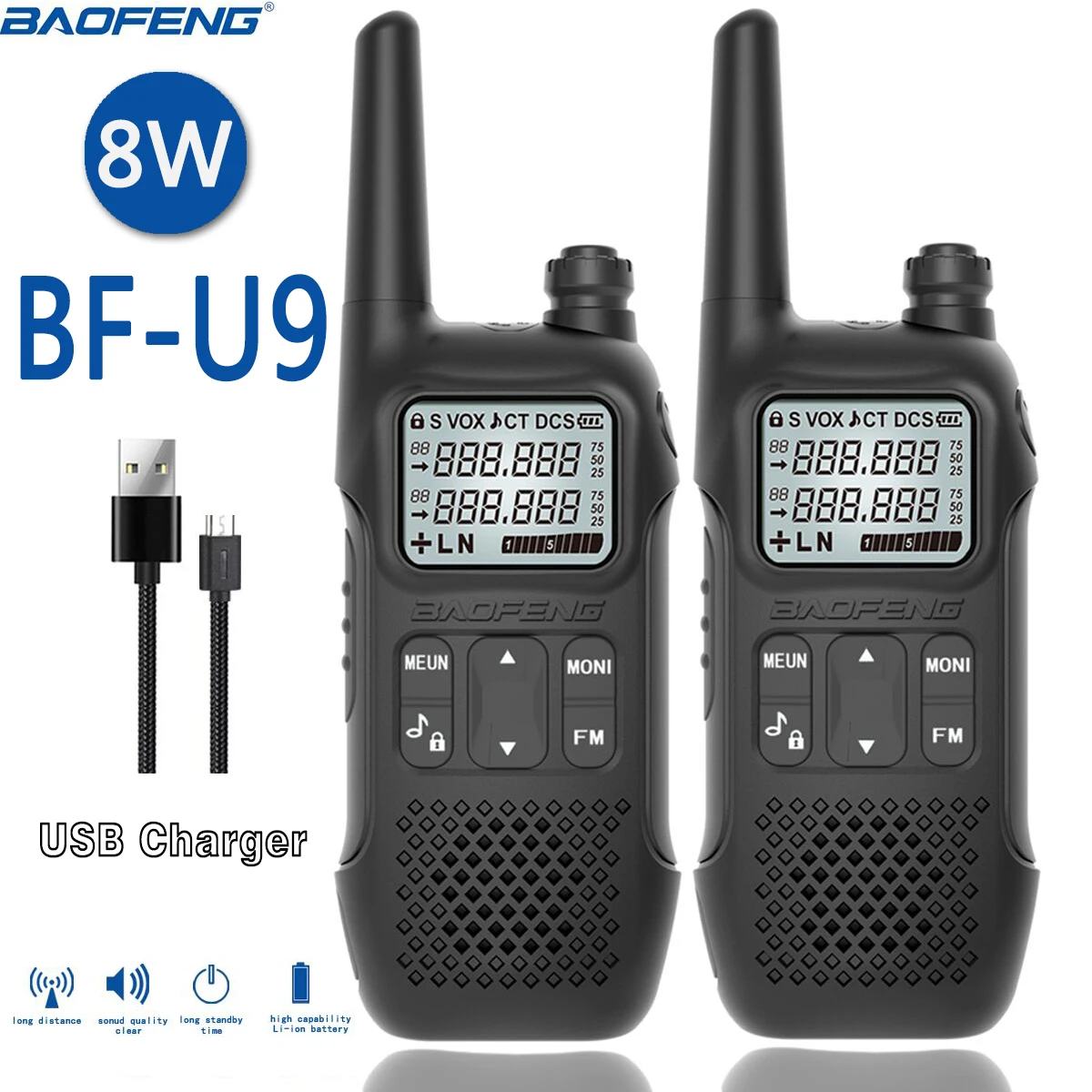 

Портативная мини-рация BAOFENG BF-U9 8 Вт, быстрая зарядка USB, UHF 400-470 МГц, FM-радио, 2 шт.