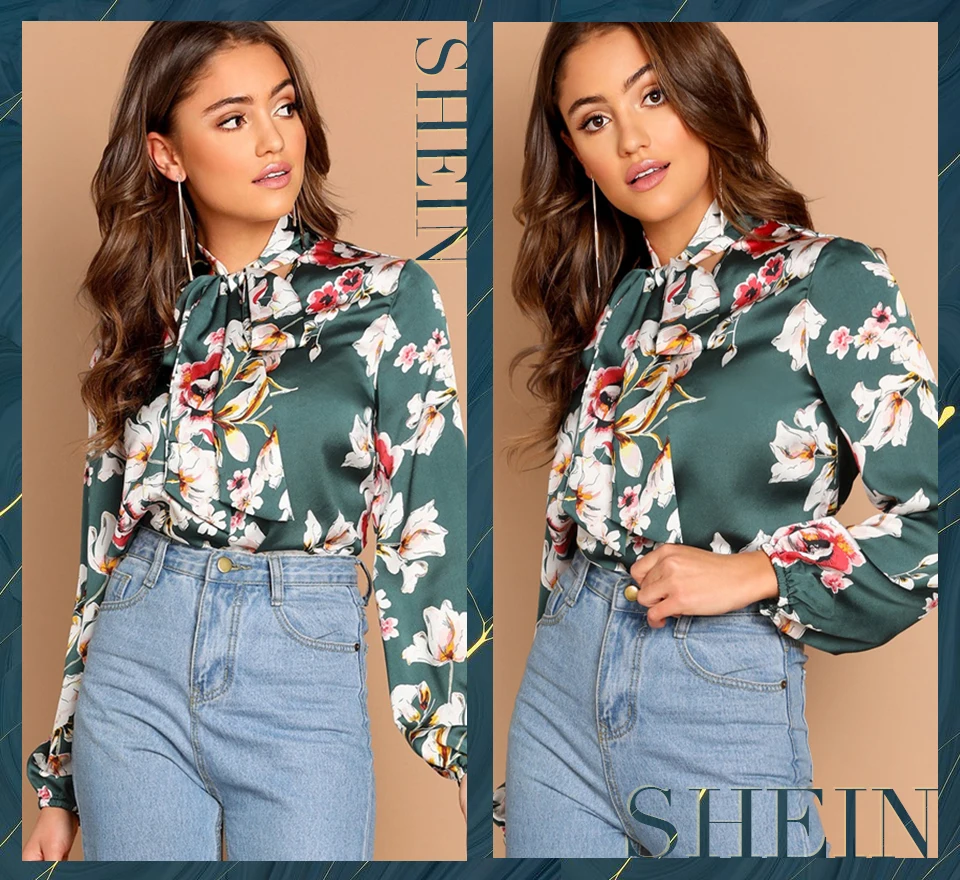 SHEIN Нарядная Атласная Блузка С Цветочным Принтом Блузка С Длинным Рукавом И Бантом