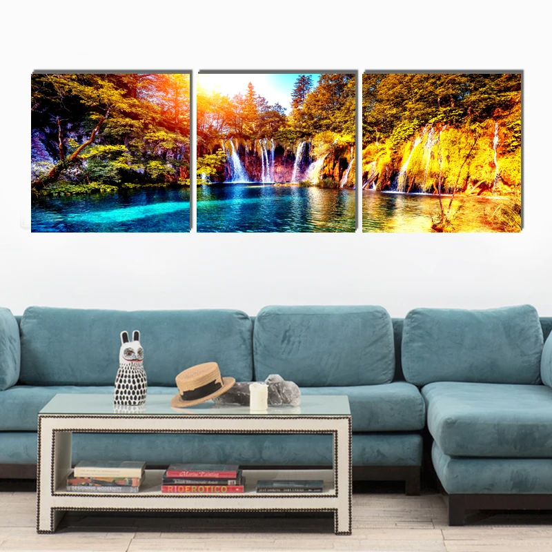 Холст с изображением водопада и озера 3 шт. | Дом сад