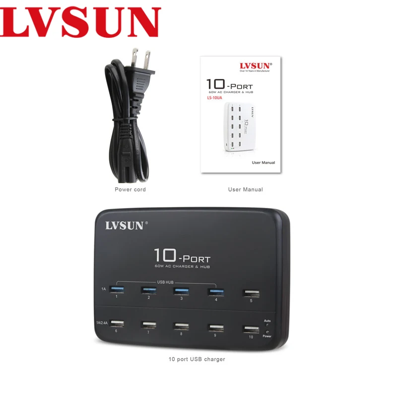 LVSUN высокоскоростное настольное USB Сетевое зарядное устройство 60 Вт с 10 портами