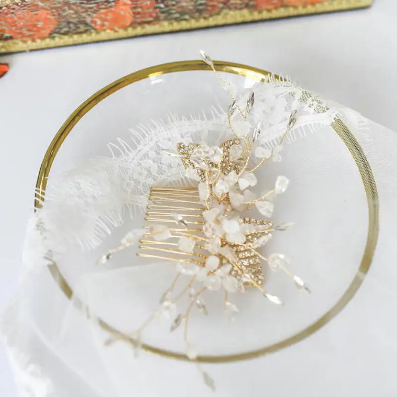 White Crystal Hair Comb Gold Leaves Bridal Accessories For Women Wedding Headpiece Jewelry | Украшения и аксессуары