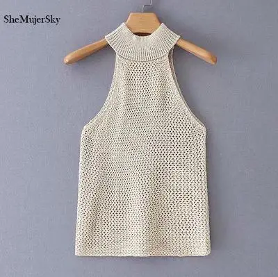 khaki tops SheMujerSky летний вязаный Топ цвета хаки без рукавов топы жилет женская трикотажная футболка - Цвет: khaki tops