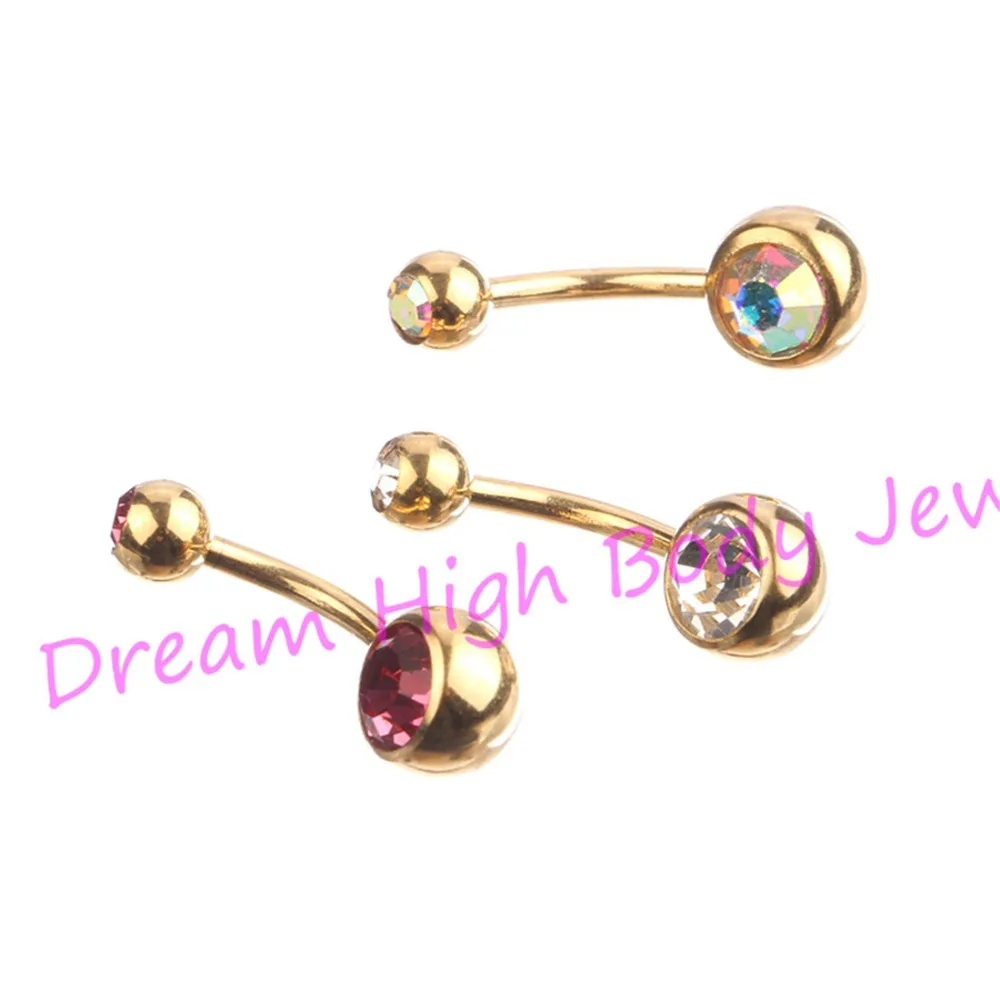 

-color Belly Button Rings bar Anodized Double Gem Belly Navel Body Piercing Jewelry Clear AB Pink 14G 316L Stainless Steel