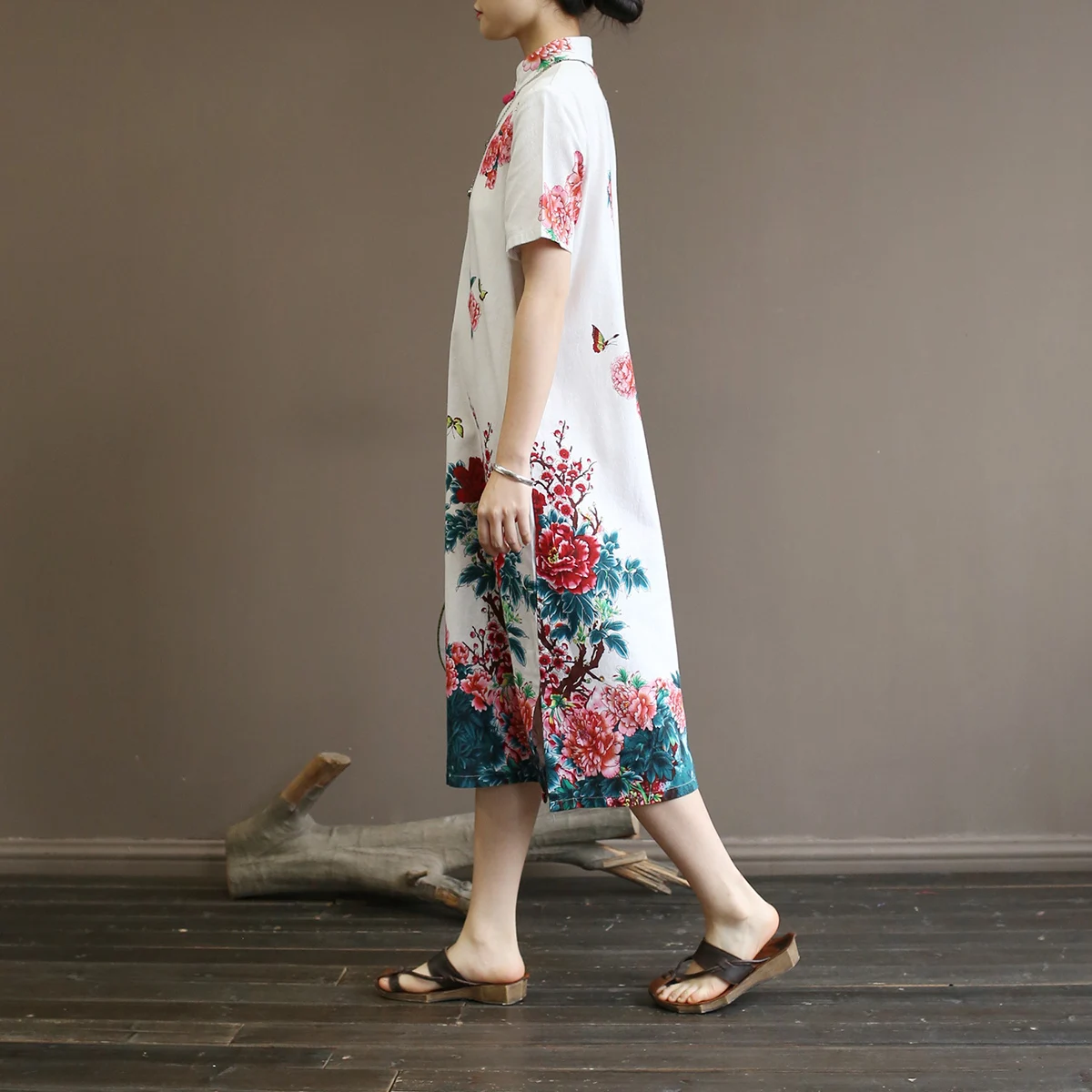 Johnature женское платье в китайском стиле со стоячим коротким рукавом Cheongsam летнее Новое винтажное платье с цветочным принтом из хлопка и льна