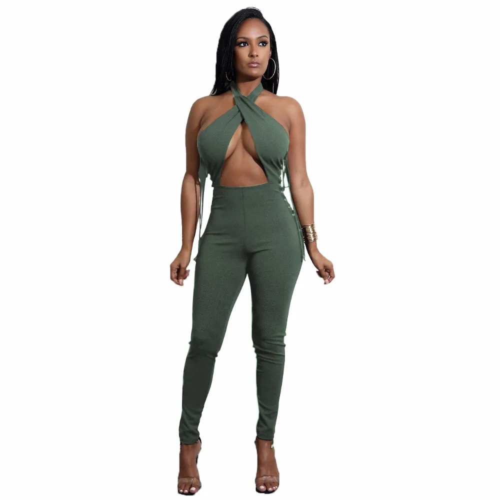 Женский комбинезон с лямкой на шее перекрестной шнуровкой и открытой спиной|women