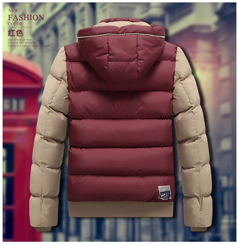 2015 new winter jacket thick cotton men's fashion Slim hooded stiching outdoor coat Free shipping M-3XL | Мужская одежда