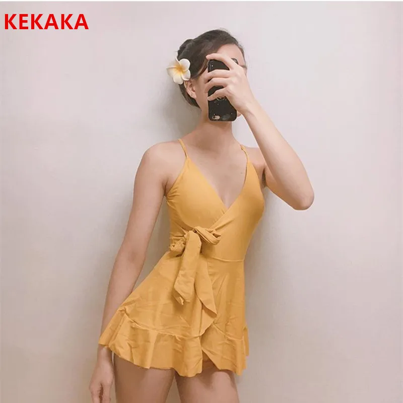 Золотой KEKAKA, Корея, цельный желтый купальник с бантом,, повязка на голову, пояс, платье для плавания, одежда для плавания, юбка, купальные костюмы для женщин - Цвет: Золотой