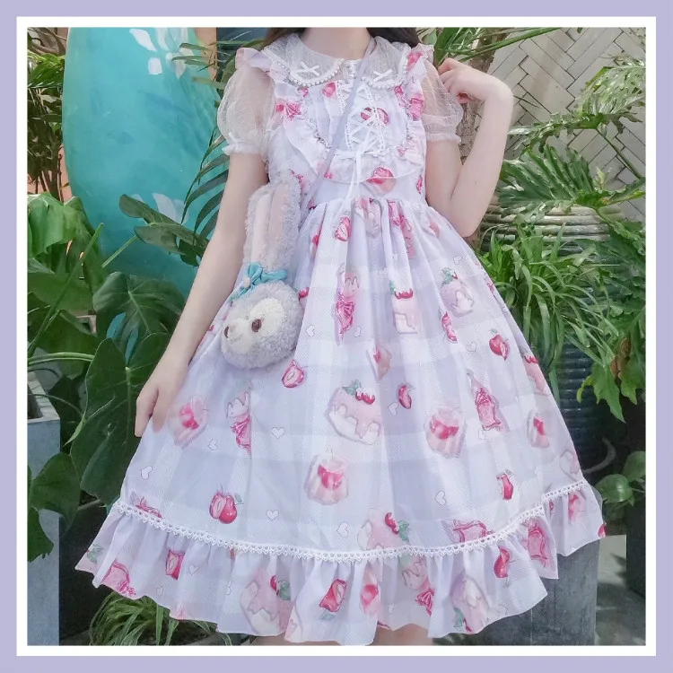 Kawaii японский стиль сарафан Лолита платье сладкая вишня десерт Лолита Повседневное платье без рукавов мягкое платье для девочек