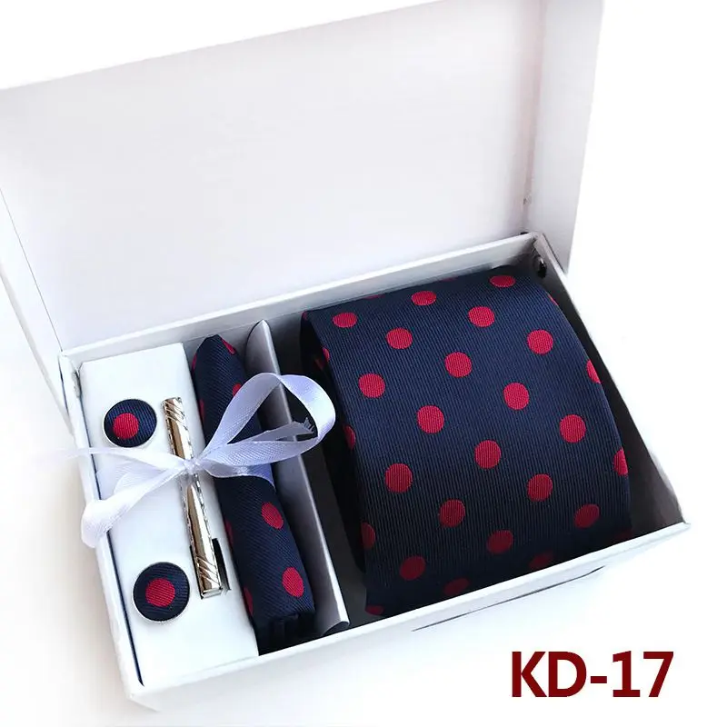 KD17 Новинка, модный галстук, набор, полиэстер, шелк, 8 см., галстуки в горошек, мужские галстуки для мужчин, галстук, платок, запонки, подарочная упаковка, KD01 - Цвет: KD17