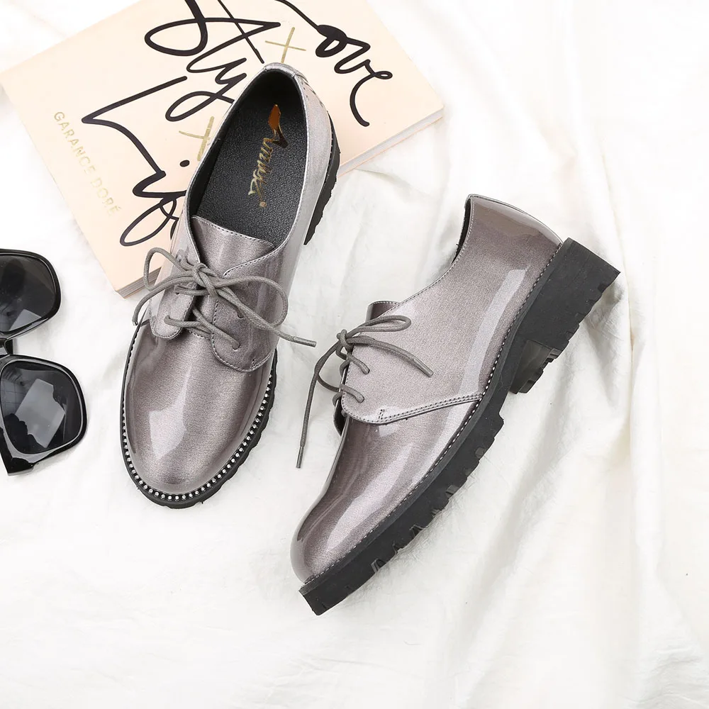 Ame 2017 из лакированной кожи женская обувь на плоской подошве шнуровке низком