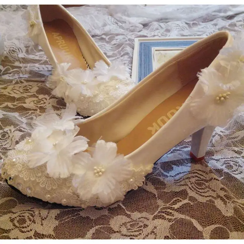 HANDMADE lace white wedding shoes women plus large sizes round toes FLOWERS brides bridal bridesmaid party dress | Обувь