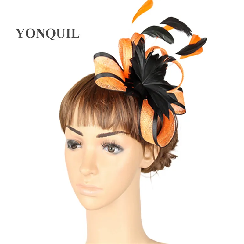 Sinamay Fascinator Headwear Feather Flower Occasion Show Hair Accessories Red Millinery Cocktail Hat Wedding Headpieces 21 Color